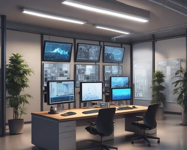 A dimly lit room features a prominent illuminated sign displaying the words 'Sysco LABS.' Below the sign are office desks with various electronic devices, including laptops and cables. The lighting creates a cool and professional atmosphere.