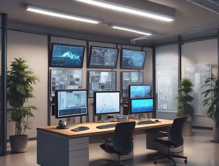 A dimly lit room features a prominent illuminated sign displaying the words 'Sysco LABS.' Below the sign are office desks with various electronic devices, including laptops and cables. The lighting creates a cool and professional atmosphere.